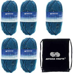 5-Skein Plymouth Encore Worsted Tweed Yarn Dark Wedgewood with Project Bag